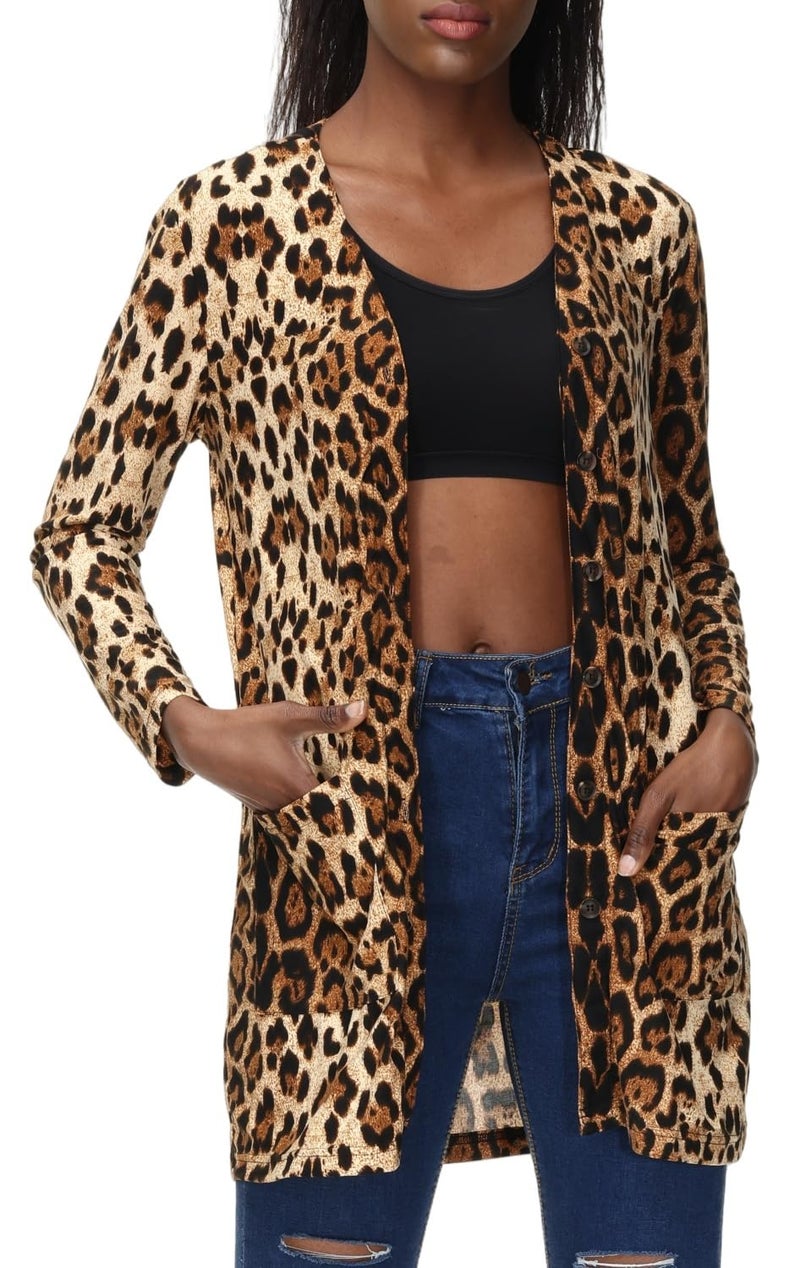 QegarTop Shirt Cardigan for Women Printed Cardigan Leopard Coat Long Sleeve Open Front Cardigan Top w Pockets Brown - Image 1